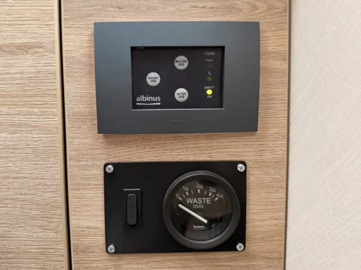 Bedienfeld der Zerhackertoilette mit den Tasten Short Use, Before Use und After Use sowie der Tankanzeige, darunter die Rundanzeige für den Abwassertank.