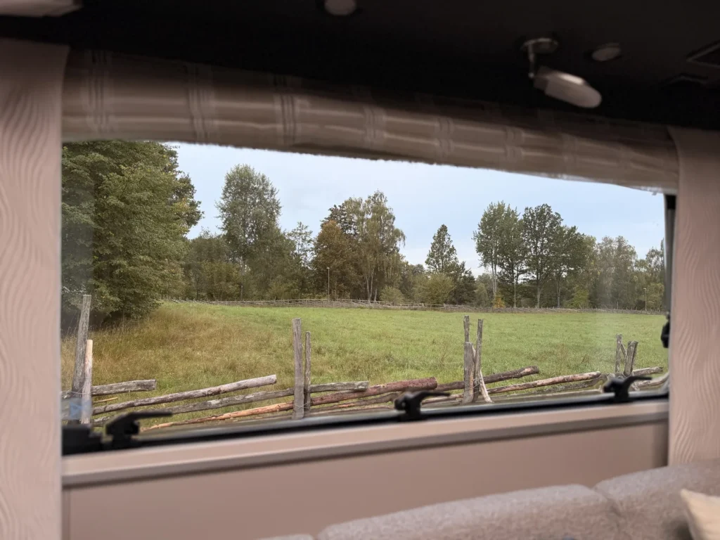 Blick aus dem Fenster des Wohnmobils über einen alten Holzzaun auf eine grüne Weide und den Wald dahinter.