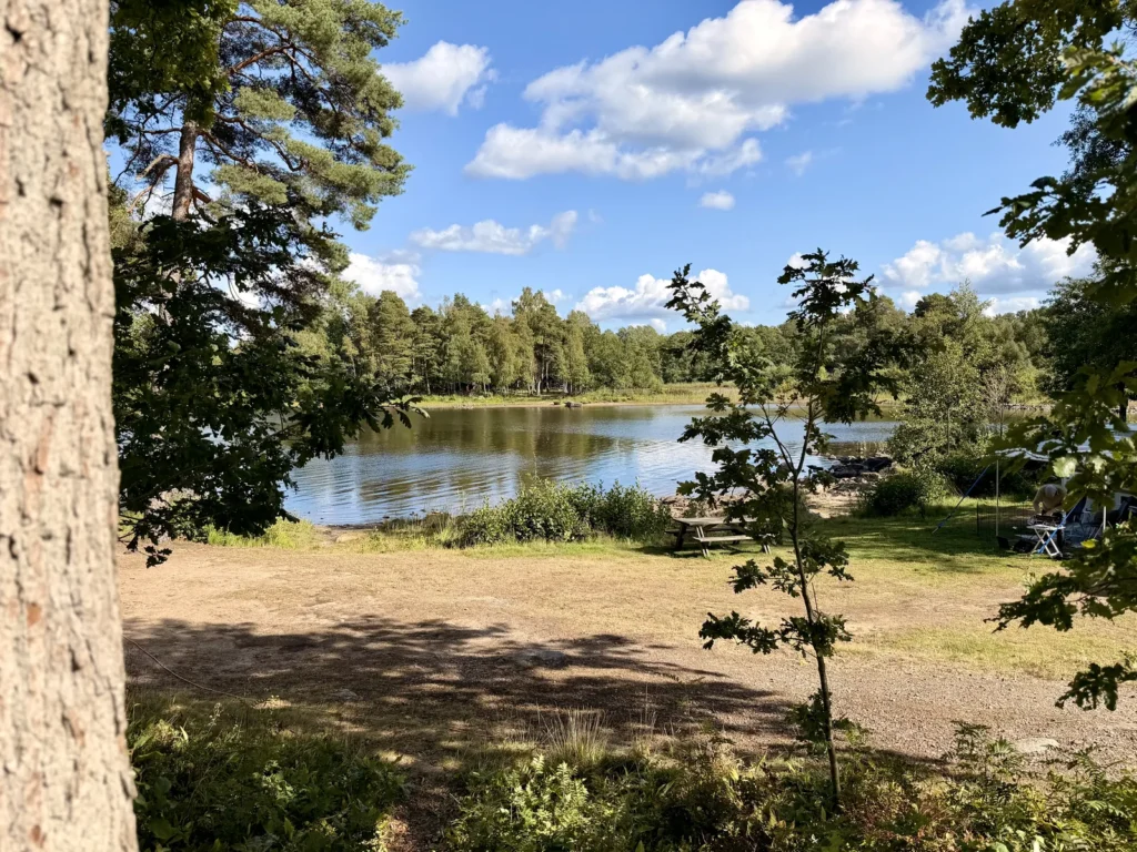 Der See Möckeln zwischen Kiefern und Eichen, am Ufer eine Picknickbank, rechts sitzt ein Camper vor seinem Fahrzeug.