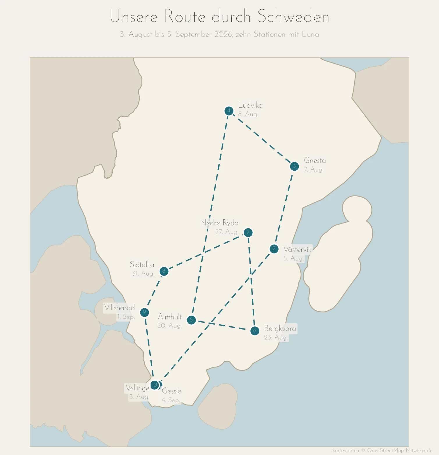 Karte von Südschweden mit unserer Route, zehn nummerierte Stationen von Vellinge im Süden über Ludvika in Dalarna zurück nach Gessie.