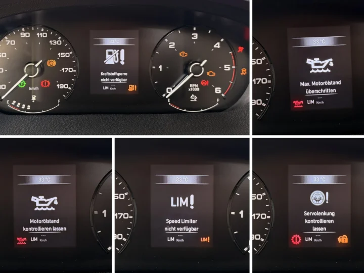 Collage aus fünf Fotos vom Display im Fiat Ducato unseres Dethleffs Globetrotter XLi mit den Meldungen Kraftstoffsperre nicht verfügbar, Max. Motorölstand überschritten, Motorölstand kontrollieren lassen, Speed Limiter nicht verfügbar und Servolenkung kontrollieren lassen